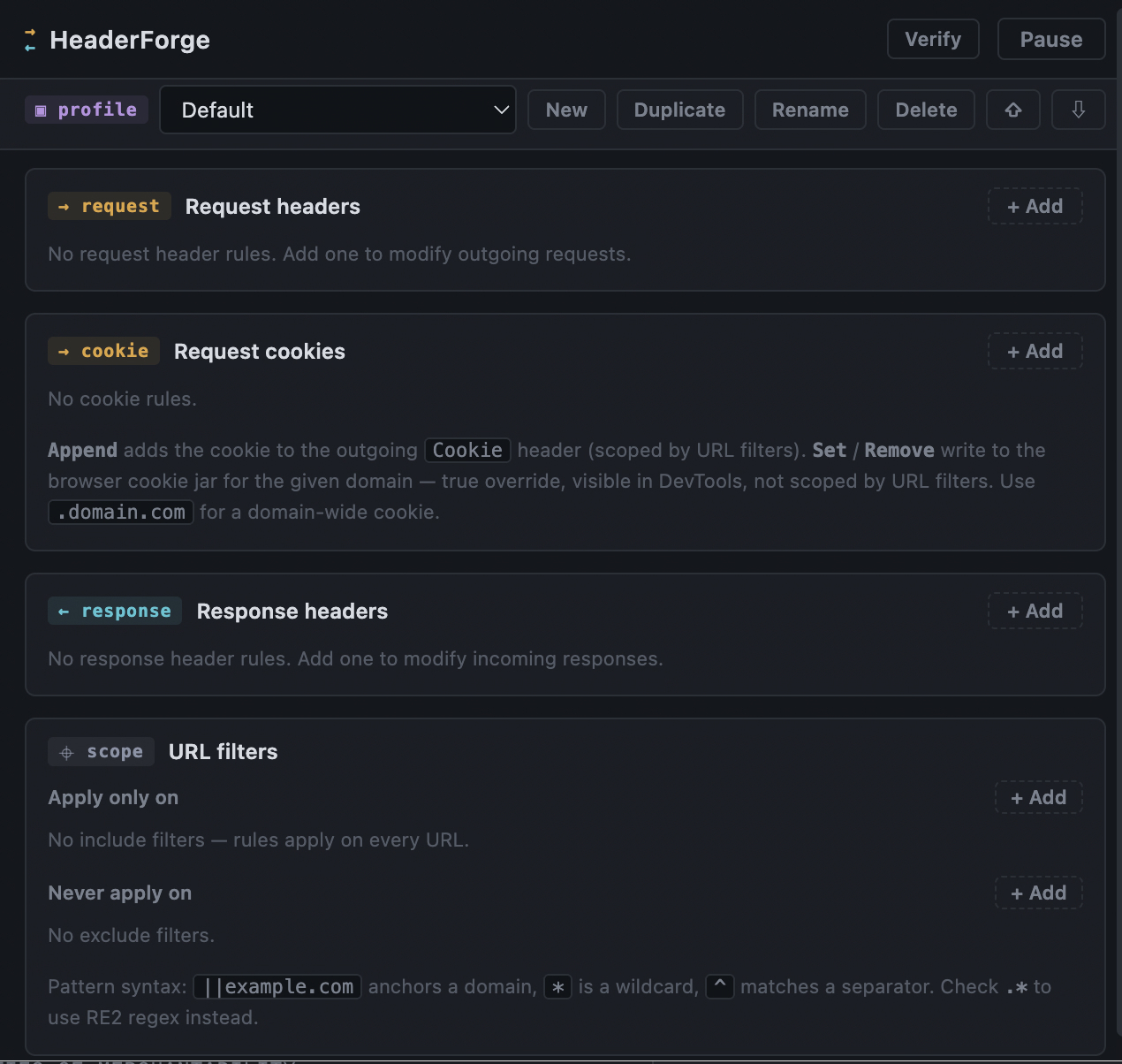 The HeaderForge popup with the profile switcher, request headers, request cookies, response headers, and URL filters sections