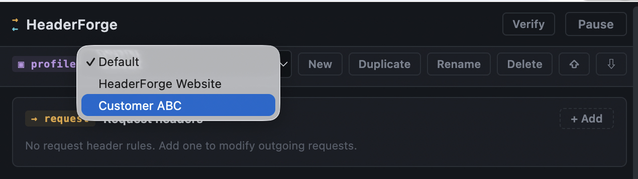 The profile switcher dropdown with three saved profiles.