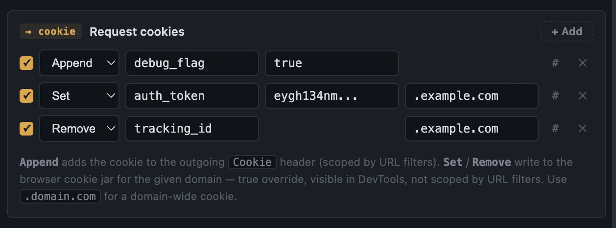 Request cookie rules showing append, set, and remove operations.