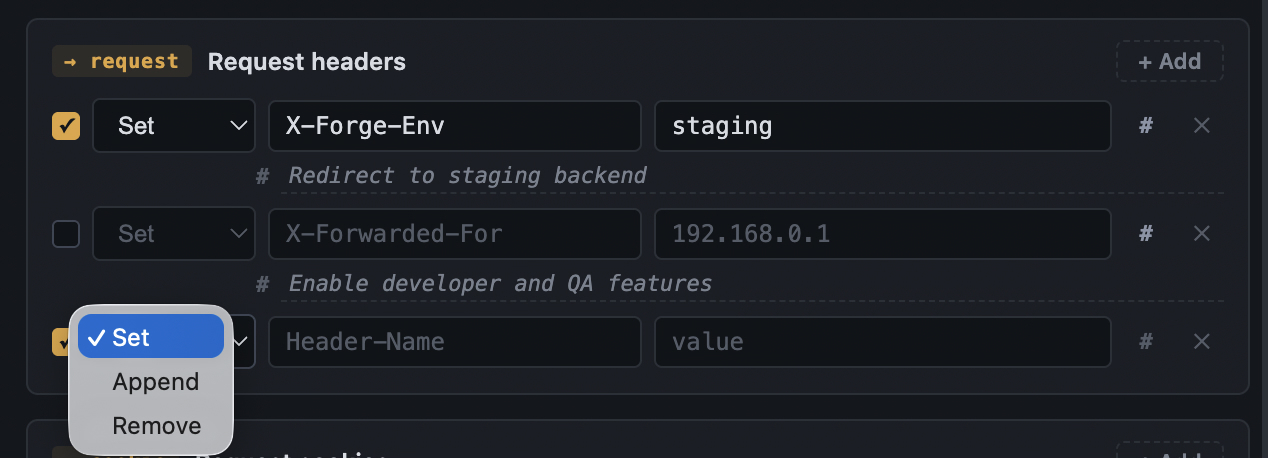 Request header rules with the operation dropdown open showing Set, Append, and Remove.