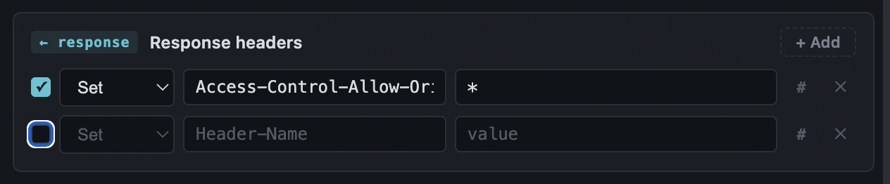 A response header rule setting Access-Control-Allow-Origin to a wildcard.