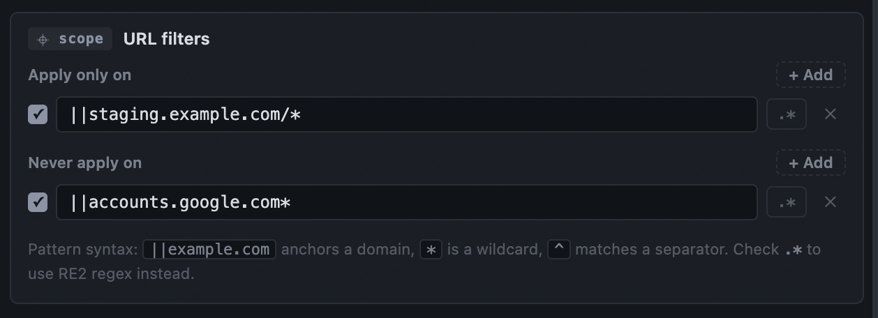 URL filter rules with include and exclude patterns.